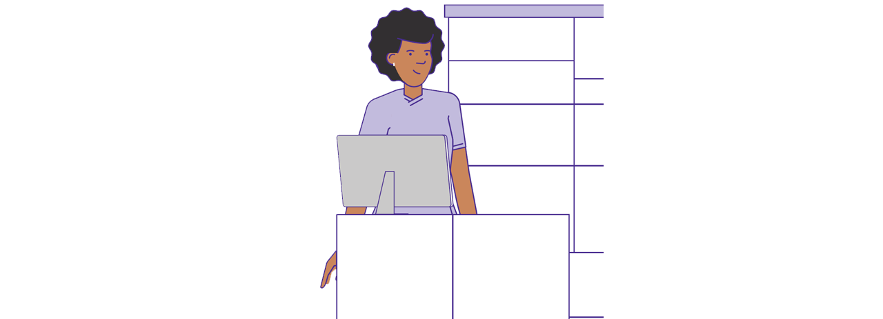 Animation of vet tech on computer in veterinary clinic