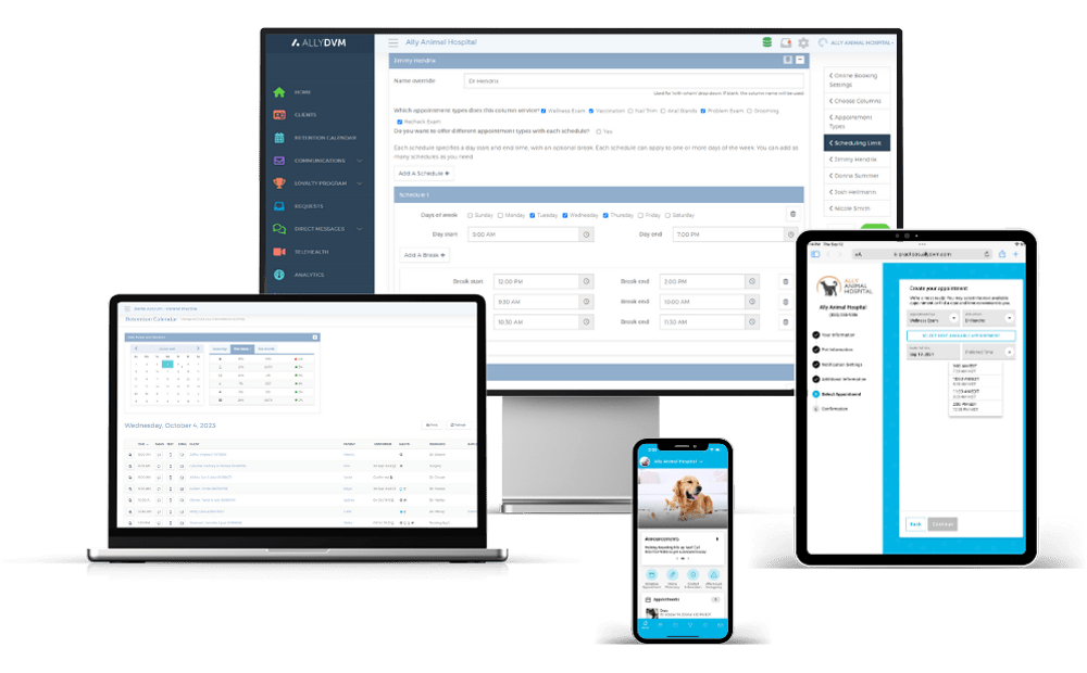 AllyDVM Platform Mockup on desktop and mobile